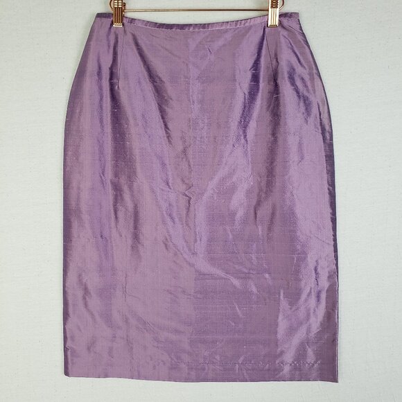 Vintage Philippe Adec Pencil Skirt 100% Silk Metallic Lavender Purple size 8/ 42 - Picture 1 of 9